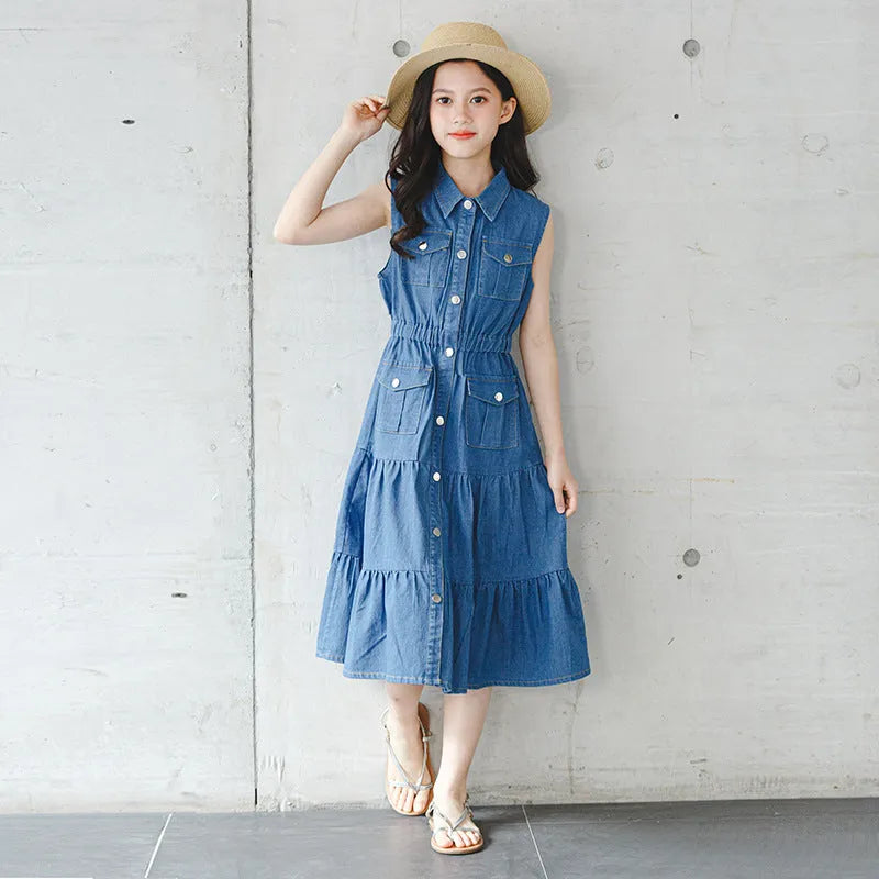 Blue denim blouse collar vest dress for girls with button front, cotton fabric, suitable for 120-170cm height