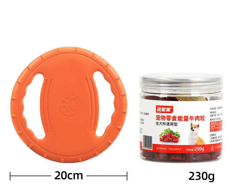 Dog training set with plastic frisbee and bite ring in orange and green colours on grass