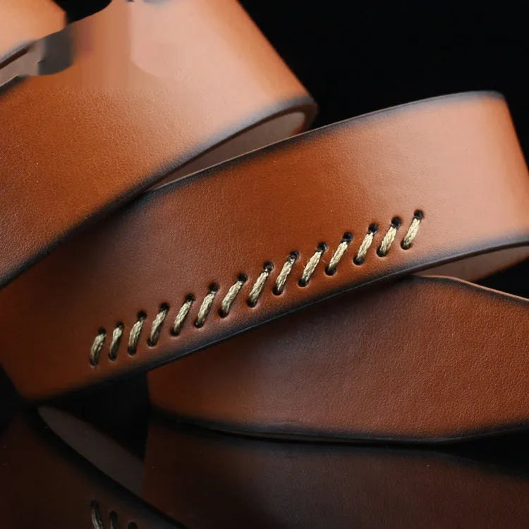 Men's black imitation leather belt with threading pattern and a silver alloy pin buckle.