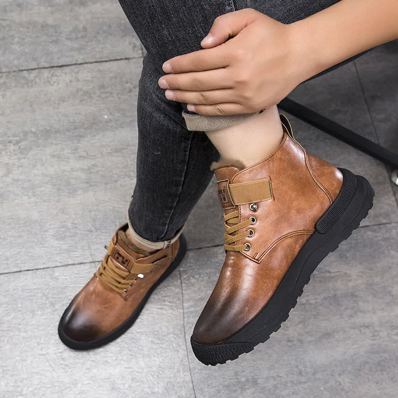 Black platform Martin boots with velvet artificial PU upper and rubber sole showing high-top design