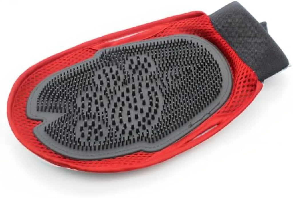 Red pet bathing glove with integrated silicone brush bristles for grooming during bath time