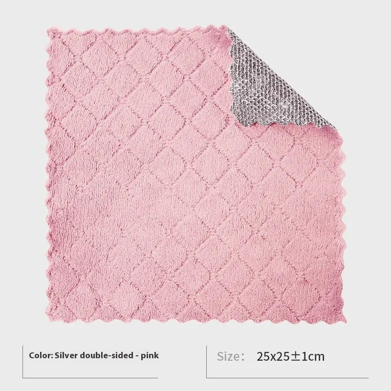 Silver double-sided kitchen scouring pad with a steel wool side and a grey microfiber rag side.
