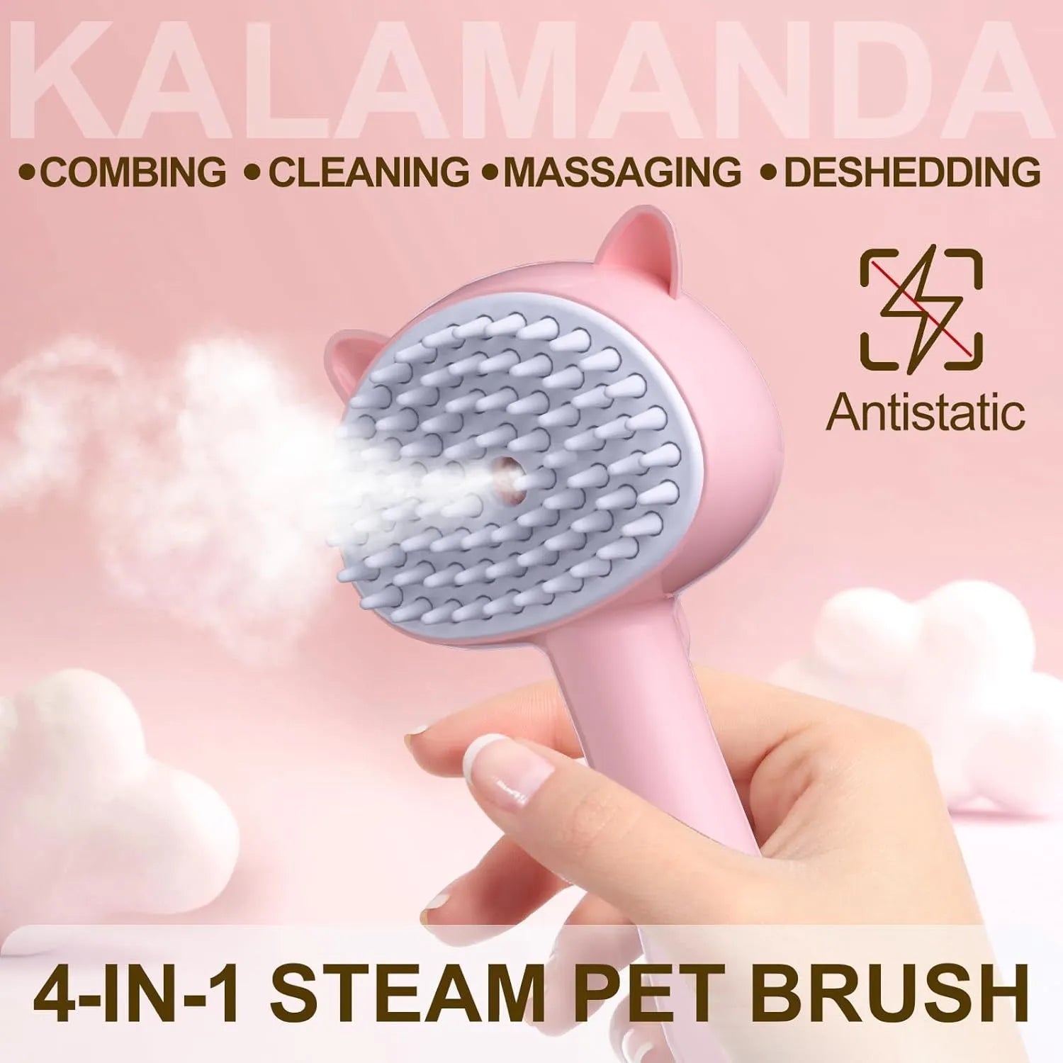 Blue cat steam brush with ergonomic handle, soft rubber teeth, and release button for pet grooming