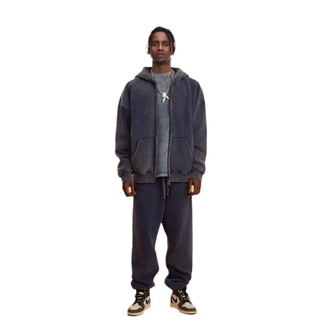 Men's zip-up hooded cardigan in cotton with fleece lining, shown in dark green