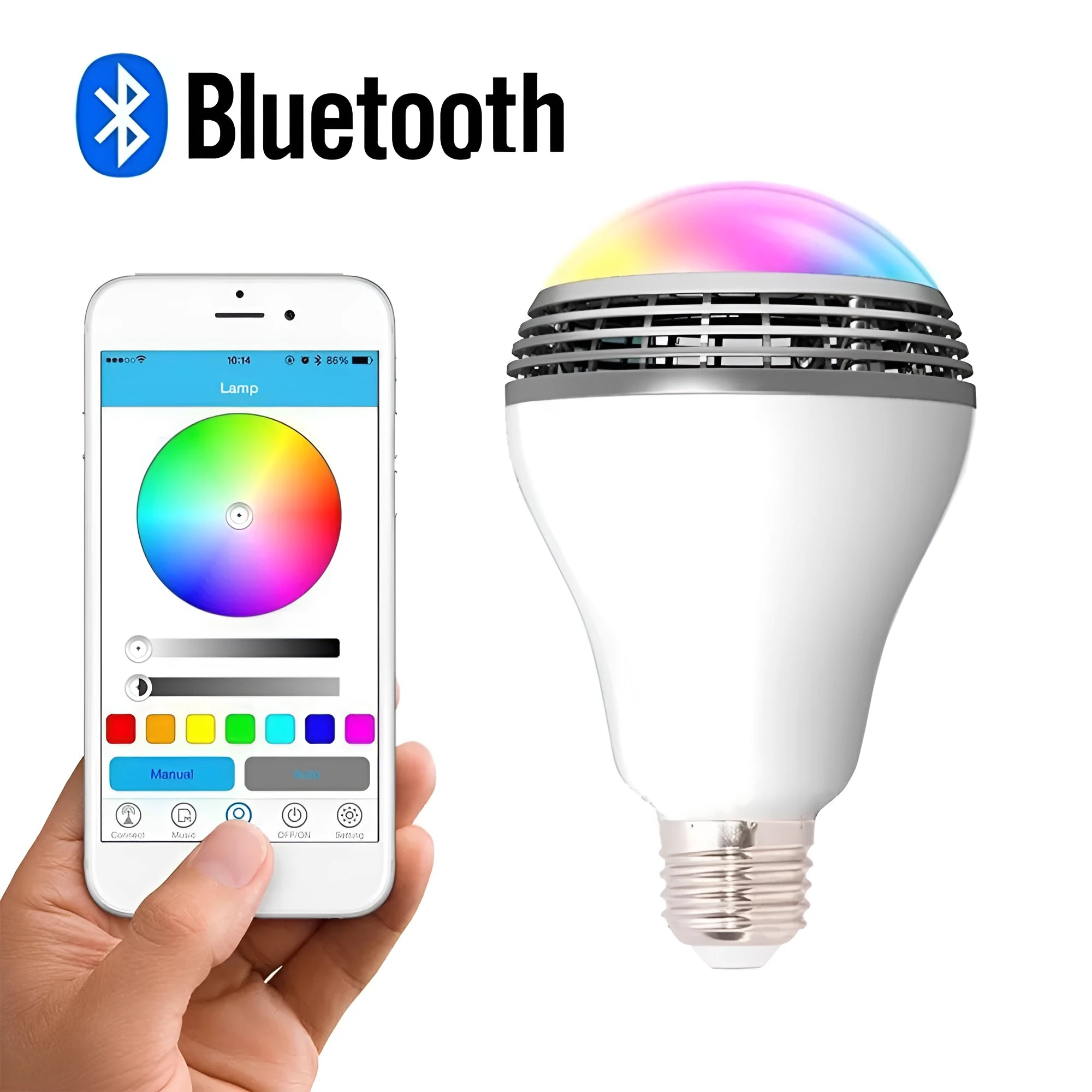 White E27 LED smart bulb with integrated Bluetooth speaker, dimensions 100x150mm.