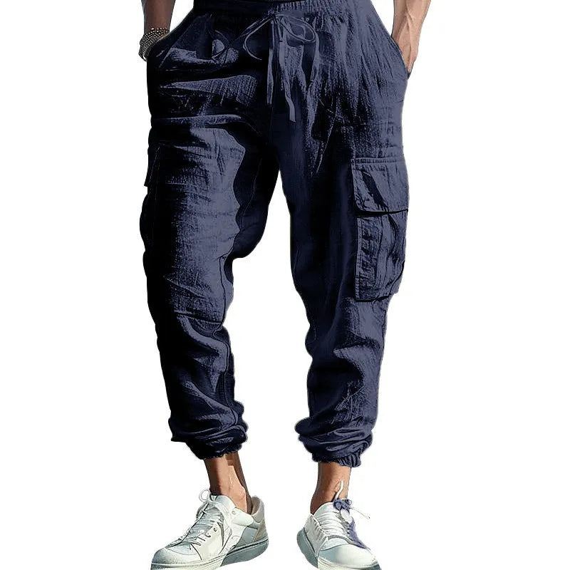 Men's linen casual trousers with ankle-tied legs and multi-pockets in Army Green colour