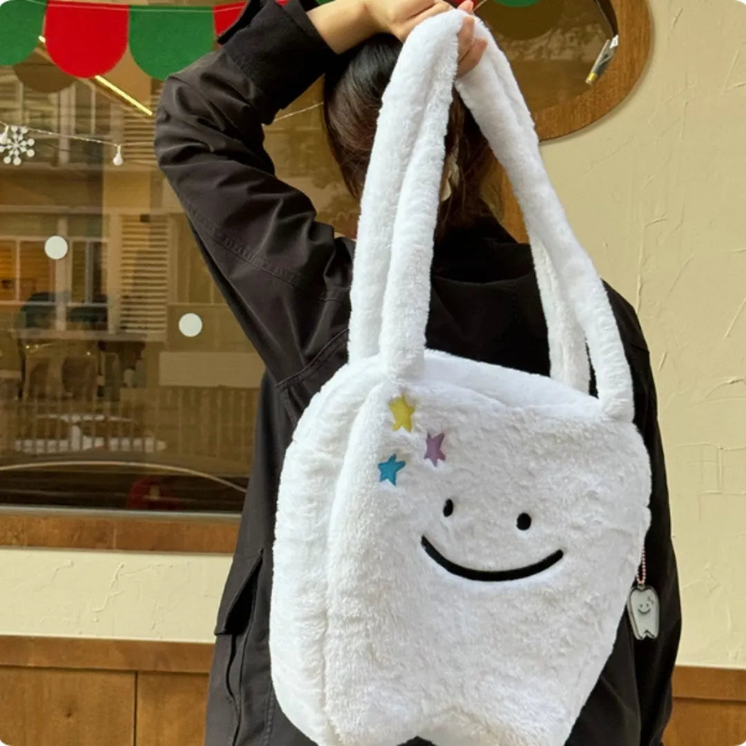 White plush shoulder tote bag with cute teeth pattern design and zipper closure