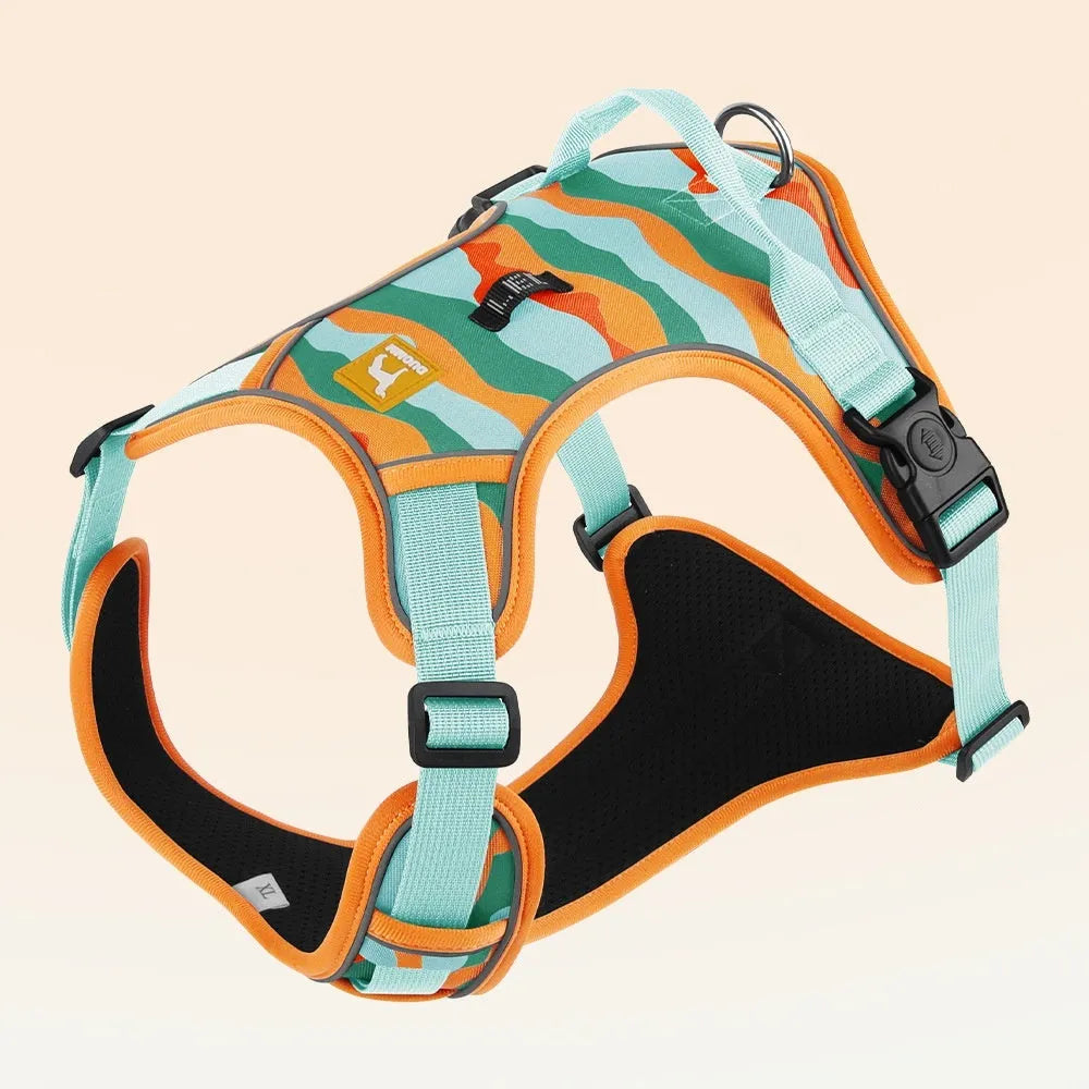Orange reflective dog chest and back harness with hand-holding rope on a neutral background.