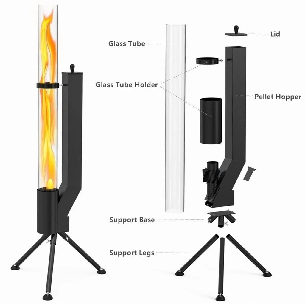 Vertical iron wood burning rocket furnace stove for courtyard heating and decoration.