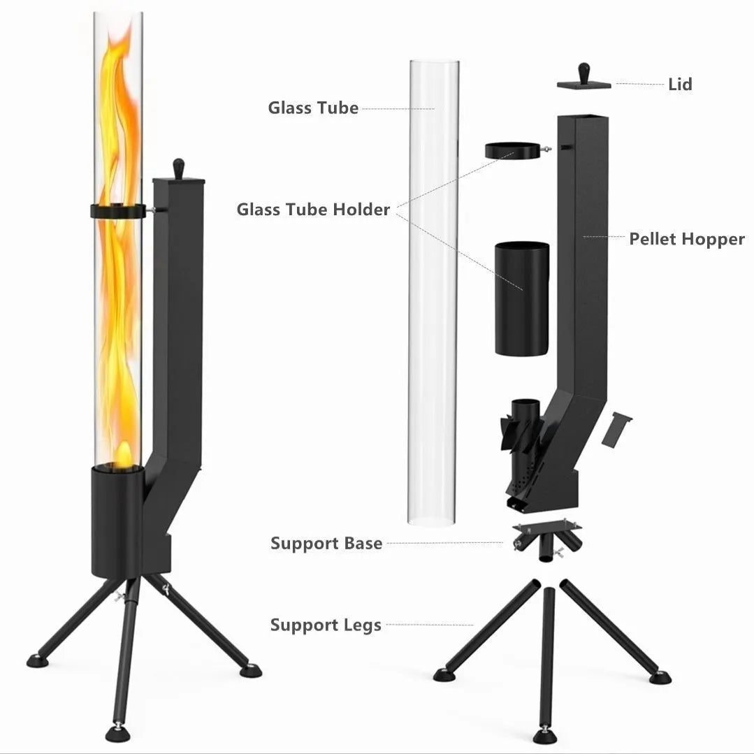 Vertical iron wood burning rocket furnace stove for courtyard heating and decoration.