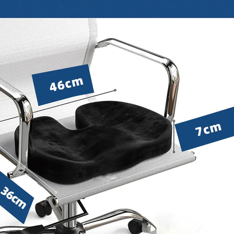 Black flannel U-shaped memory foam seat cushion for office chairs, dimensions 46cm x 36cm.