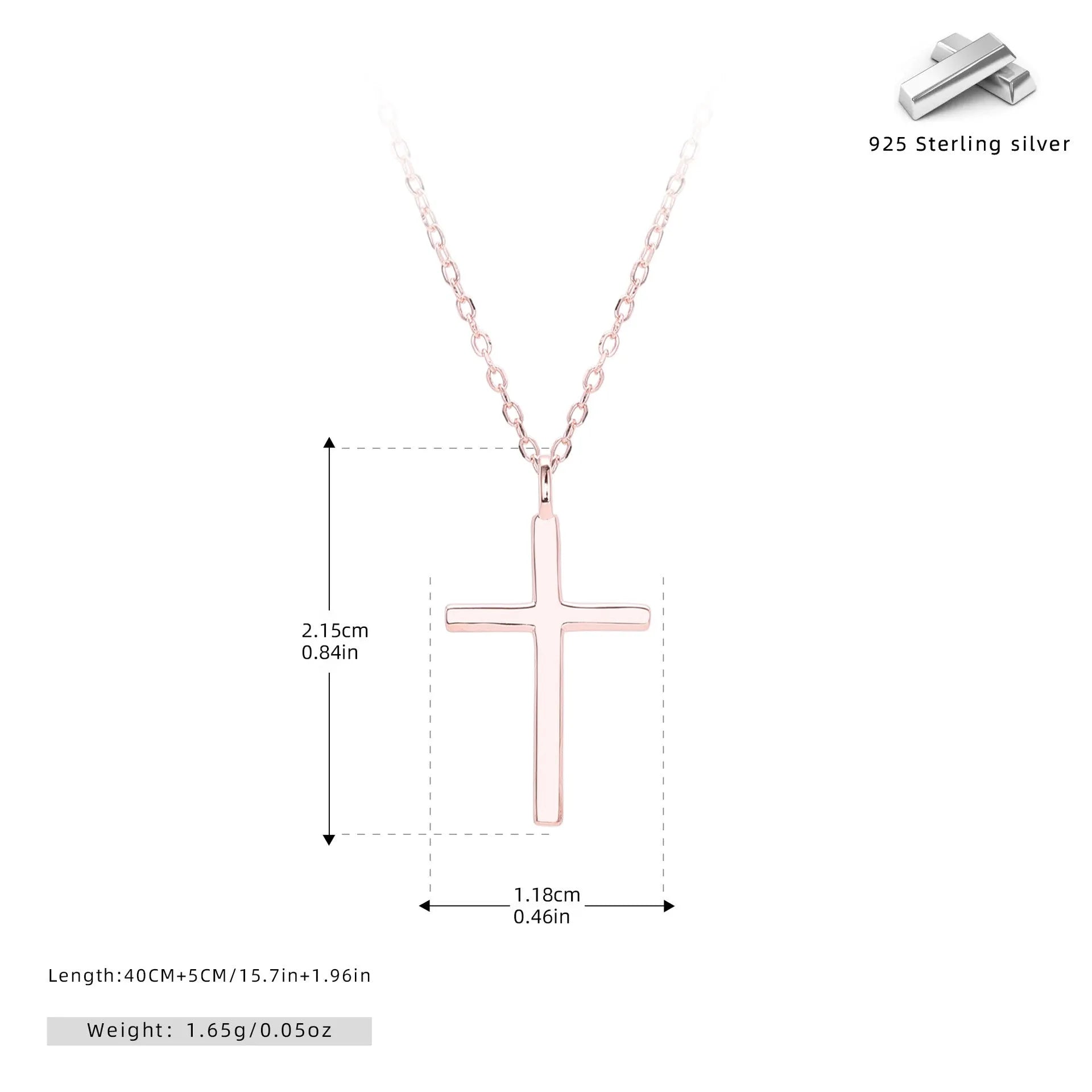 S925 sterling silver necklace with cross pendant on adjustable O-chain in gold, platinum, or rose gold finish