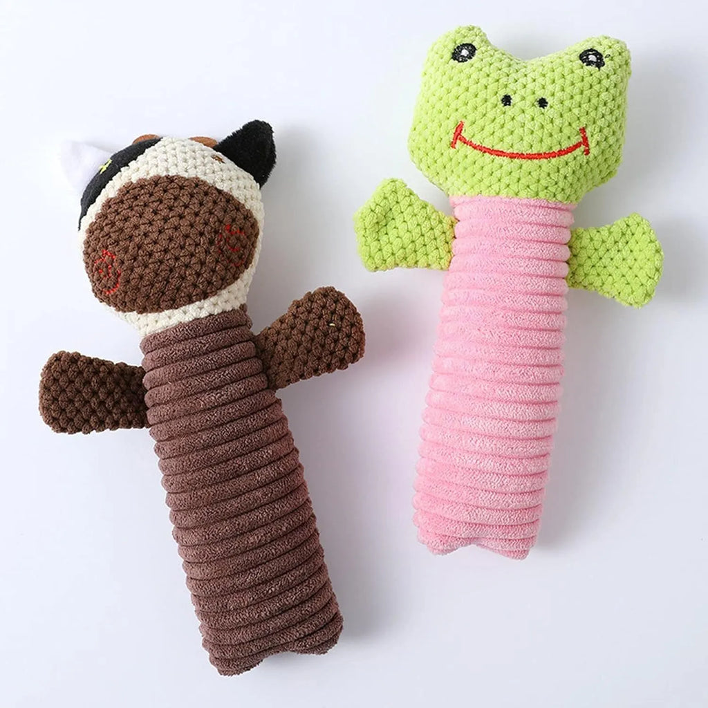 Squeaky stuffed animal dog chew toy measuring 19cm by 5cm for dental cleaning