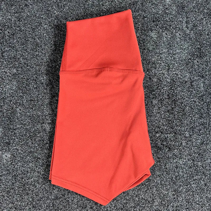Ladies high waist yoga shorts in nylon fabric, shown in multiple colour options.
