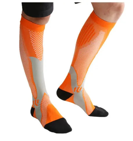 Graduated athletic compression socks for men and women in various colours and sizes.