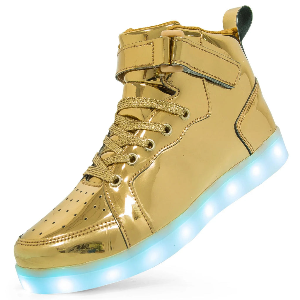 A pair of black high-top shoes with a Velcro strap and illuminated LED lights in the rubber sole.