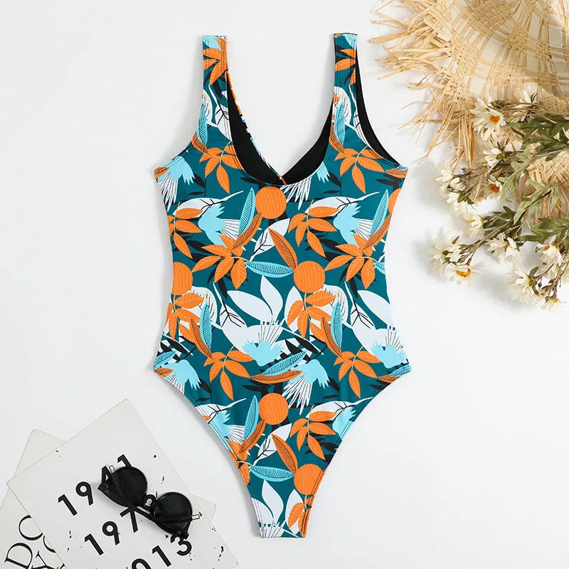 Women's high waist one-piece bikini swimsuit in printed black or white pattern