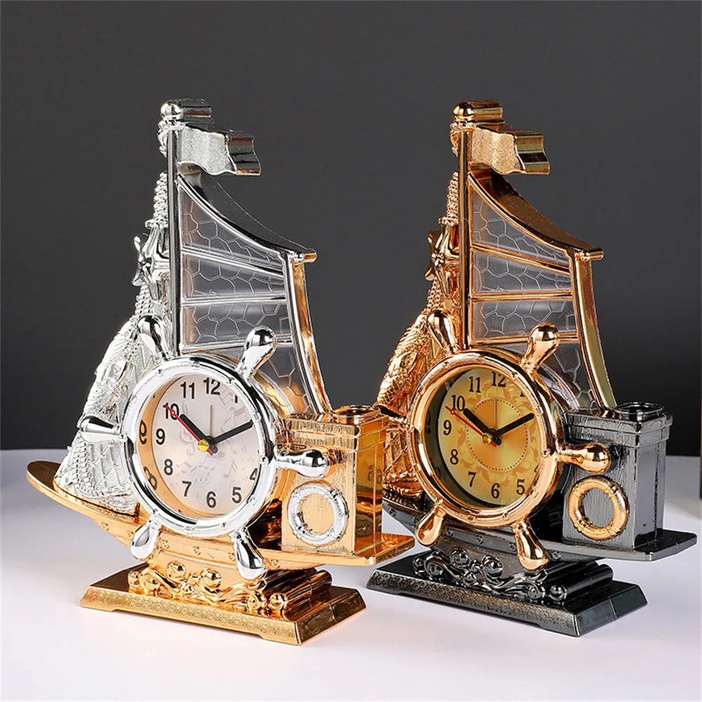 Gold or silver fashion bedroom alarm clock with plastic construction on wooden desk