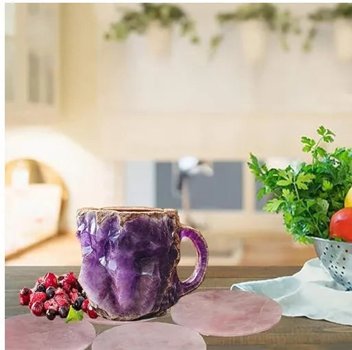 Clear resin coffee mug with handle showing internal crystal structure, 400ml capacity.