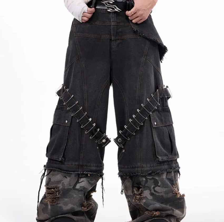 Men's grey jeans with camouflage splicing design and pin ribbon details
