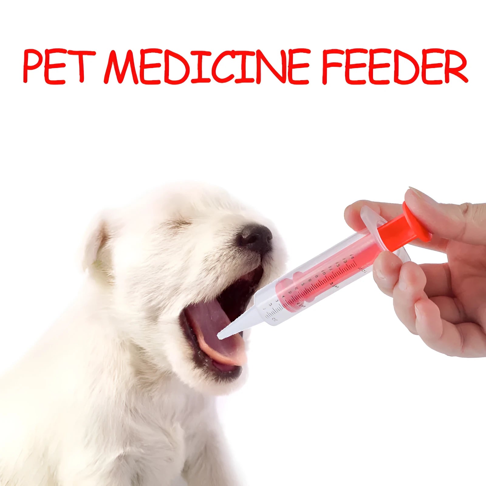 Two silicone pet pill shooters, one larger and one smaller, with soft tips and push rods.