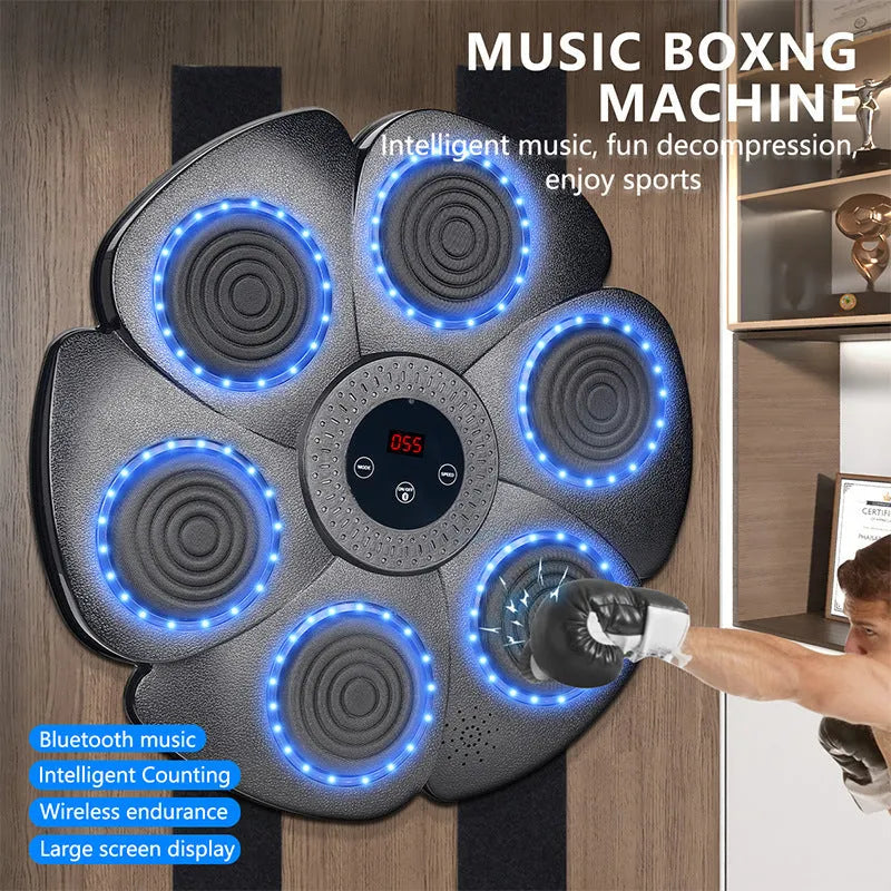 Black smart music boxing wall target with LED lights and included half-finger Velcro glove.