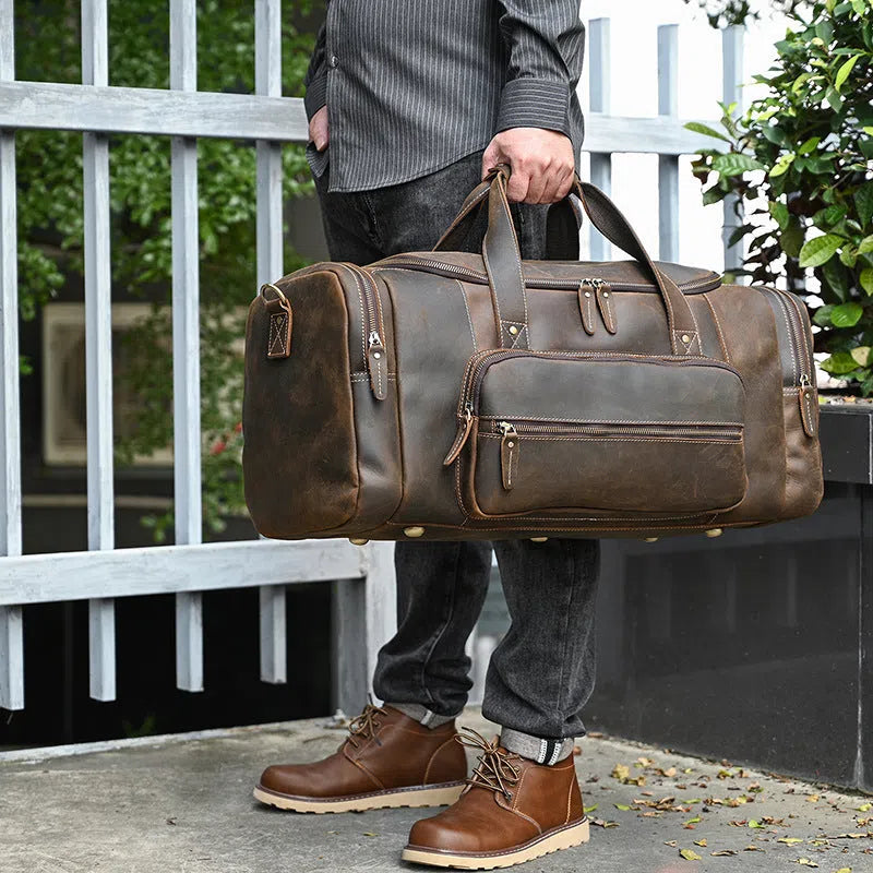 Men's genuine leather handbag large-capacity crossbody bag dark brown full-grain cowhide stitched seams