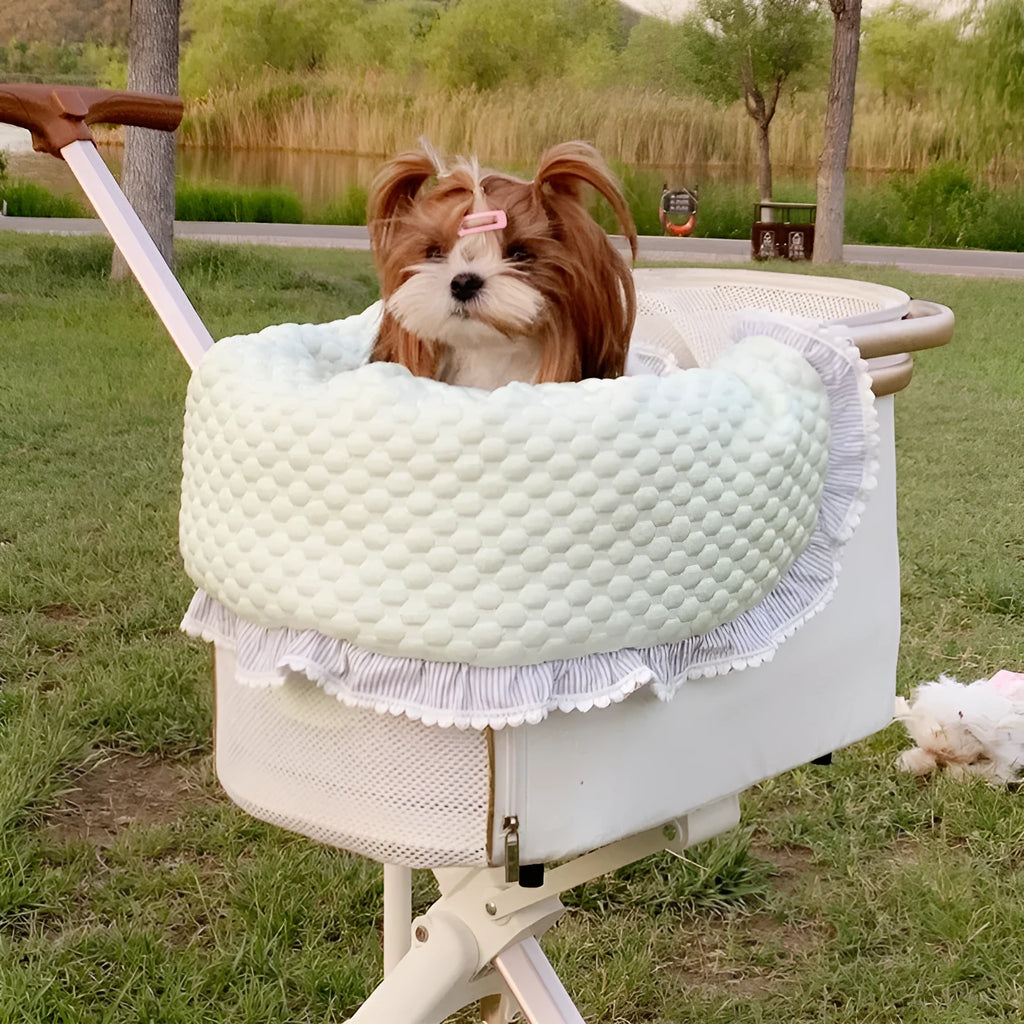 Pet stroller accessory set with towel, cushion, and pillow in floral pattern