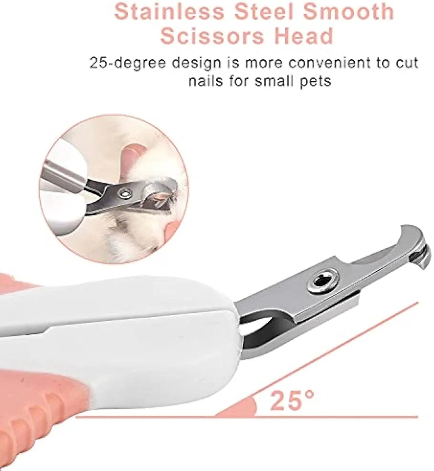Grey and pink stainless steel pet nail clippers with angled blade and safety lock on handle