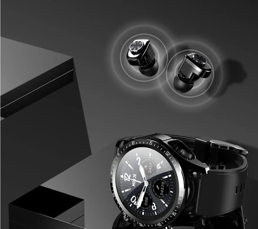 Black smart watch with blood pressure monitoring on silicone strap showing 1.28 inch display