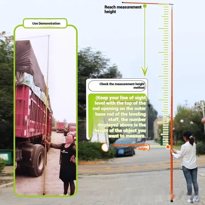 Telescopic truck height measuring rod with clear measurement scales for vehicle clearance checking