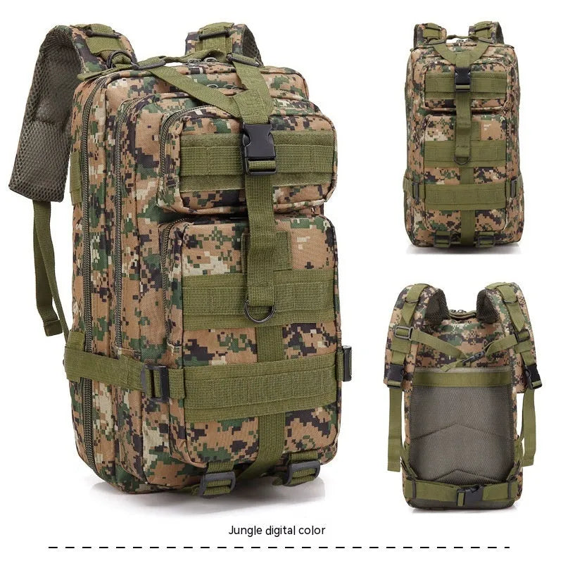 Large khaki Oxford cloth hiking backpack with air pillow belt system, shown for mountaineering use.
