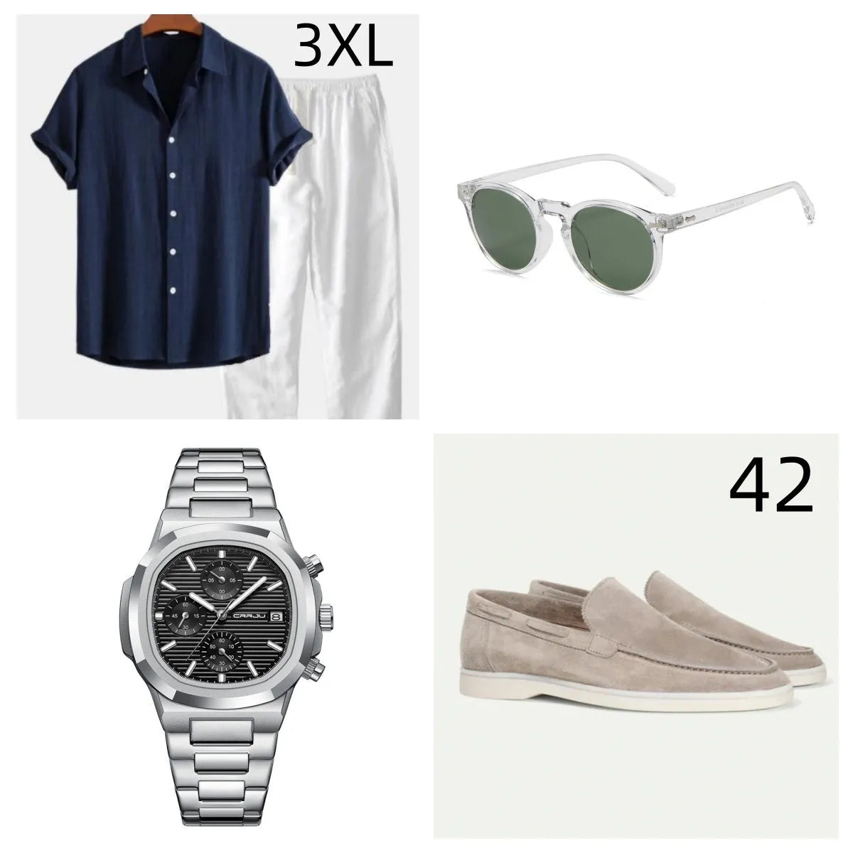 Casual loose navy blue cotton linen short sleeve suit with matching shorts, glasses, shoes, and watch.