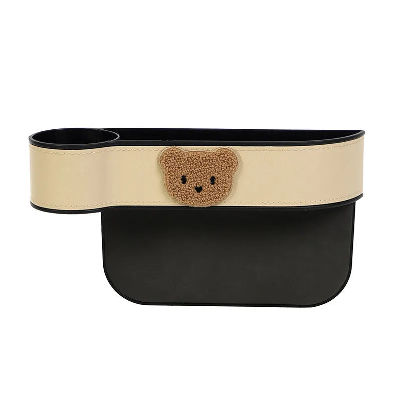 Leather car seat gap storage box with cartoon bear design for holding phone and keys