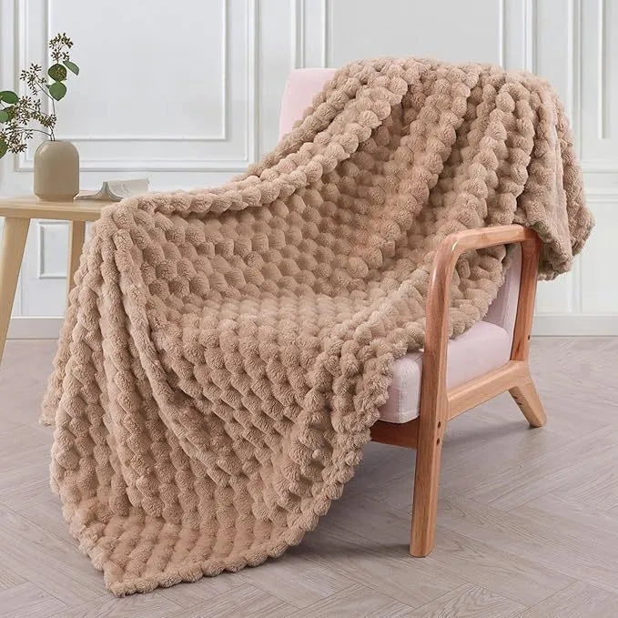 Children's soft plaid polyester blanket in camel colour, shown in a 90x90 inch size.