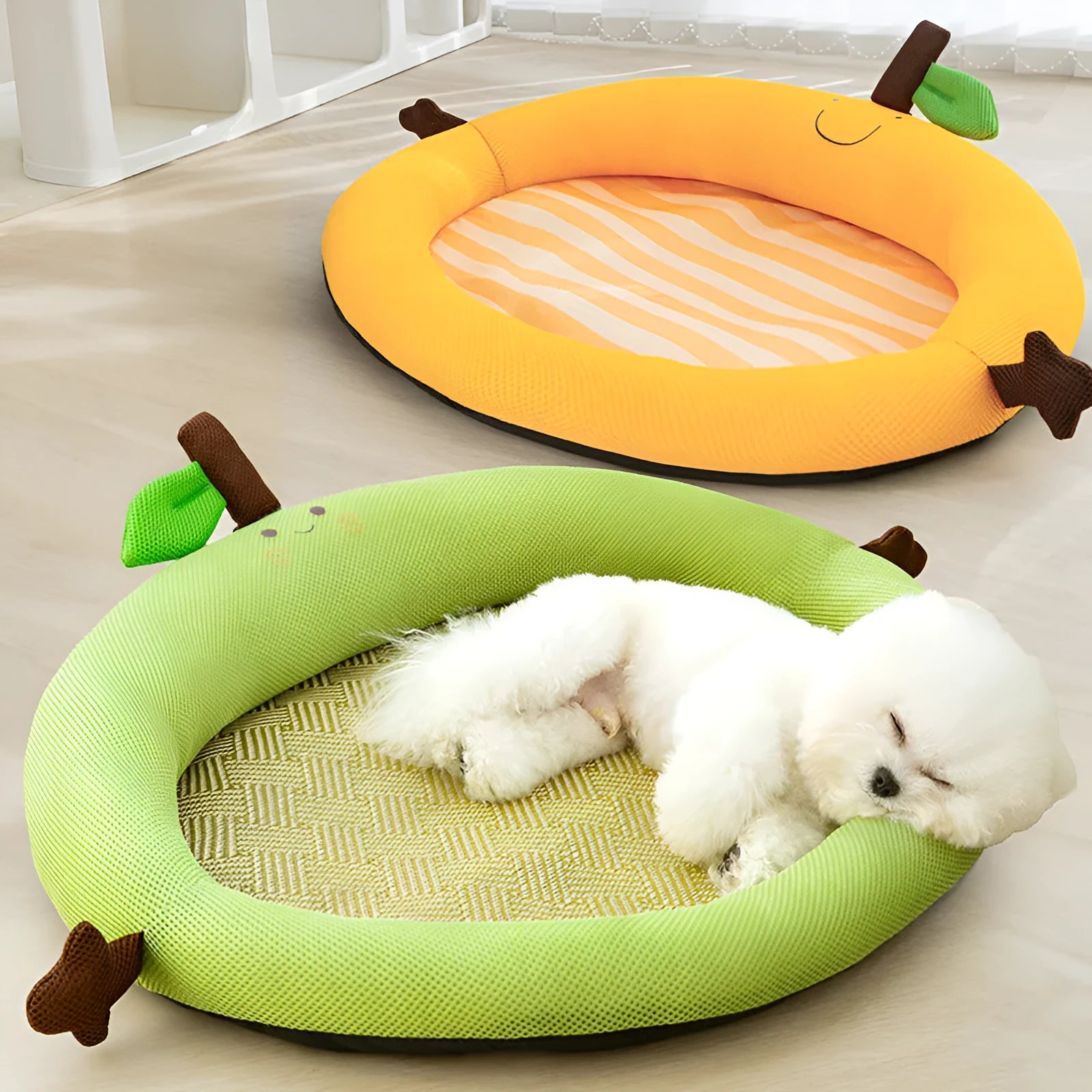 Green pet cooling mat nest with fruit-shaped backrest for dogs and cats, size L 65x50cm.