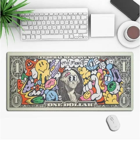 Large custom anime print gaming mouse pad on a desk with keyboard and mouse.