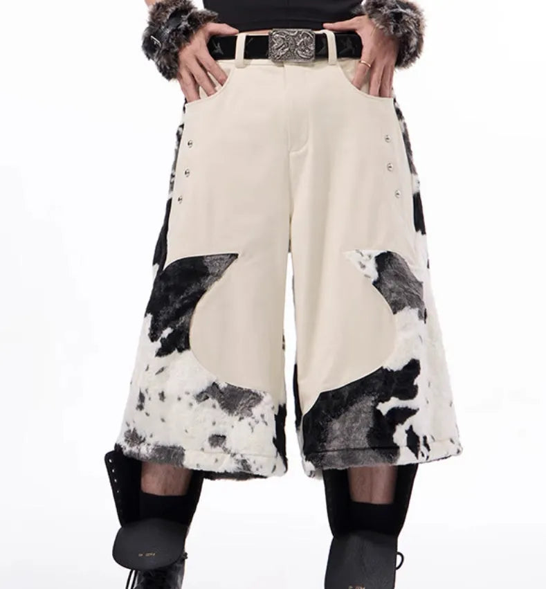 Milk fibre blend cropped trousers with fur stitching in a fashionable city style, showing personalised checkered and striped pattern options.
