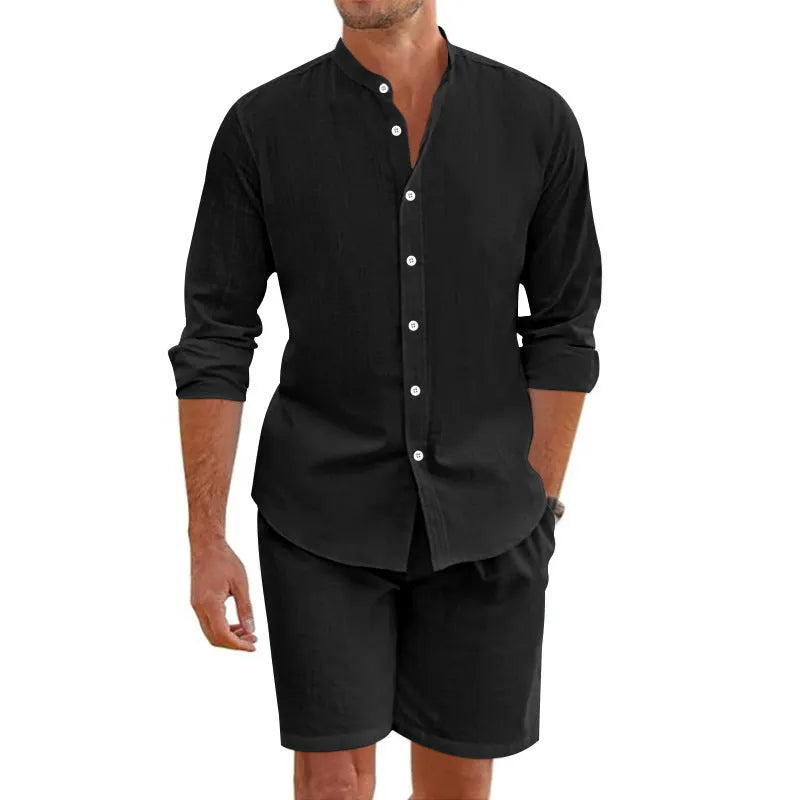 Men's linen blend summer suit set showing short sleeve lapel shirt with matching drawstring shorts in dark grey colour