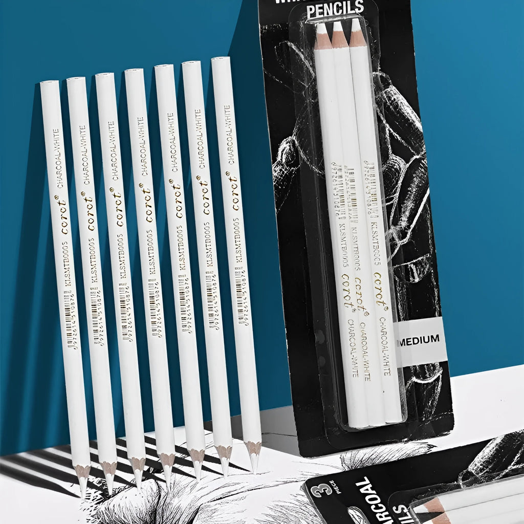 White charcoal pencil set showing wooden barrels with 144 pieces organised across 3 packs for sketching