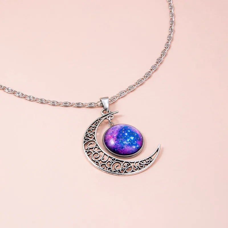 Silver hollow moon pendant necklace with glass star on Figaro chain 40cm women