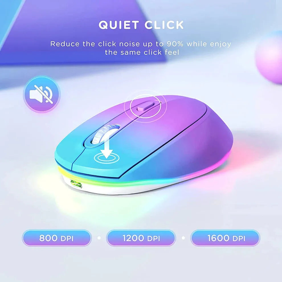 24g lightweight wireless mouse for laptops in various colours, shown with USB charging cable.