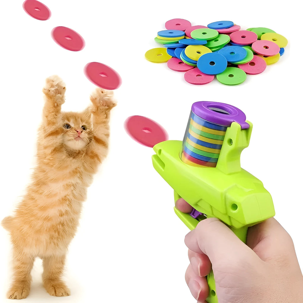 Interactive plastic cat toy launcher with foam disc projectile in green or purple colours