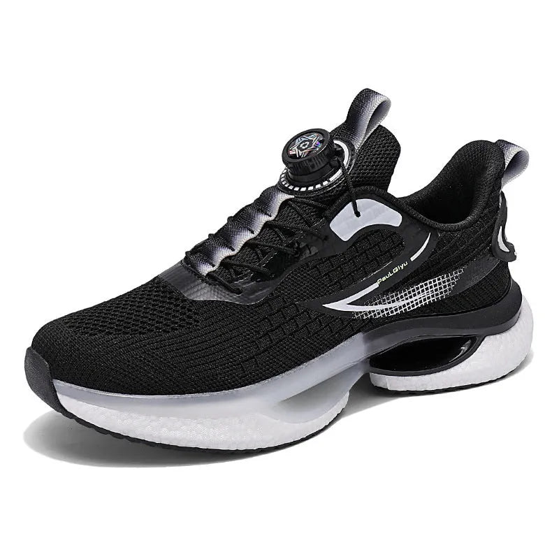 Men's rotating button buckle running shoes in Fly-knit mesh with TPU sole in beige colour