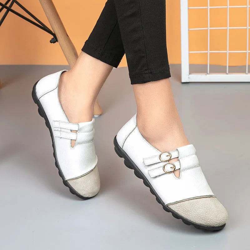 Women's plus size casual Velcro flats with button detail and round toe in leather