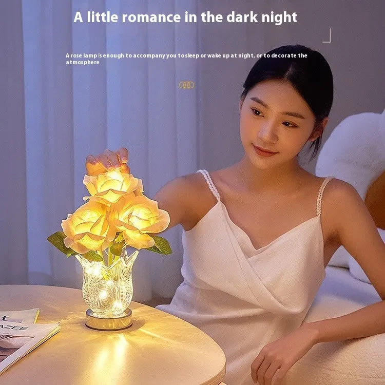Crystal flowers rechargeable touch control table lamp with infinite dimming on bedside table