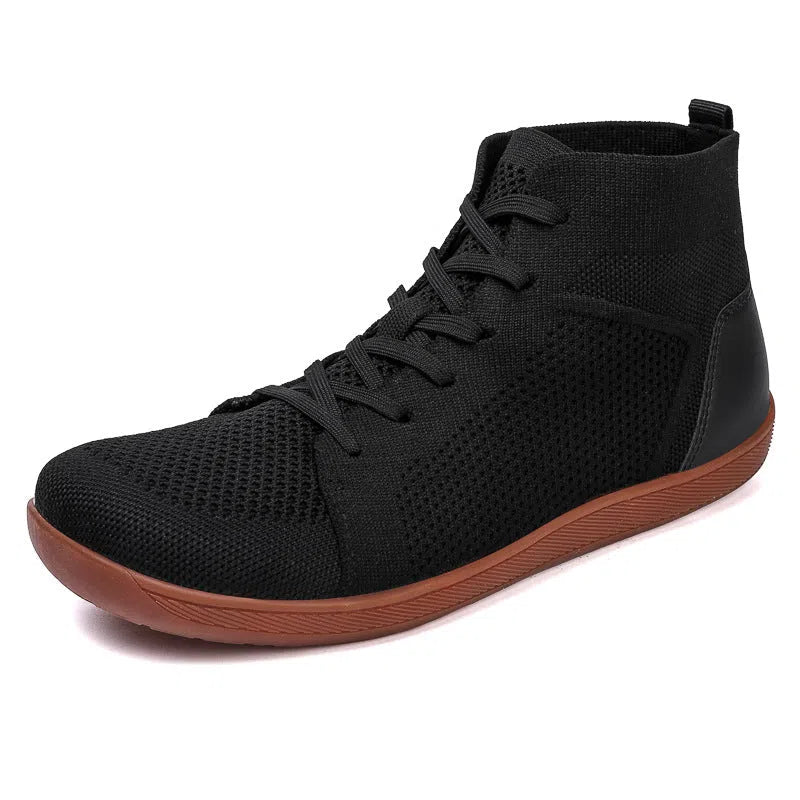 Anti-slip wide-toe barefoot casual fitness yoga shoes in black with breathable fly knitting and leather upper, mid-top design, low heel 1-3cm