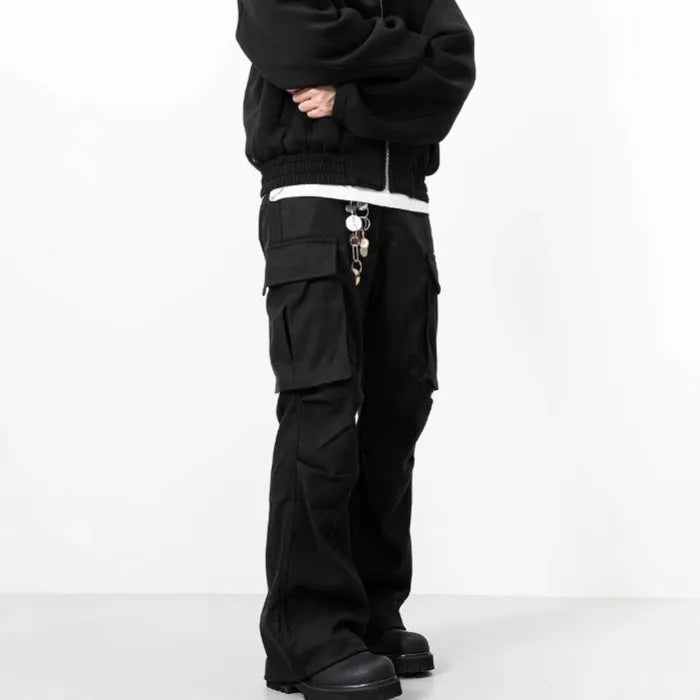 Black men's multi-pocket cargo trousers straight fit mid waist polyester spring autumn