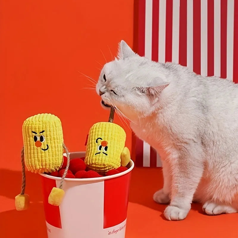 Natural polio wood corn cob shaped cat dental toy with catnip, showing dimensions of 7cm by 6cm by 15cm