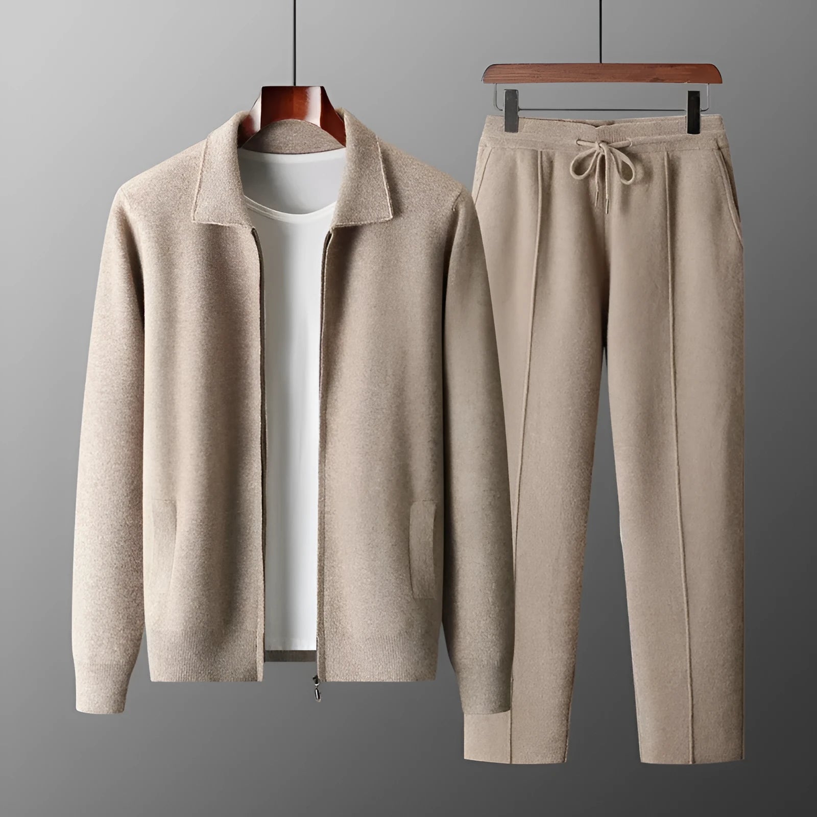 Men's loose lapels thickened wool knit cardigan suit in camel, oversized fit, two-piece set